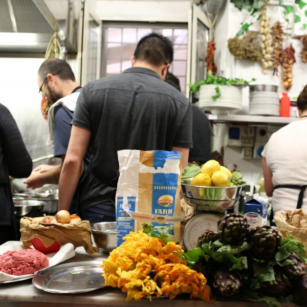 kitchen with food and students